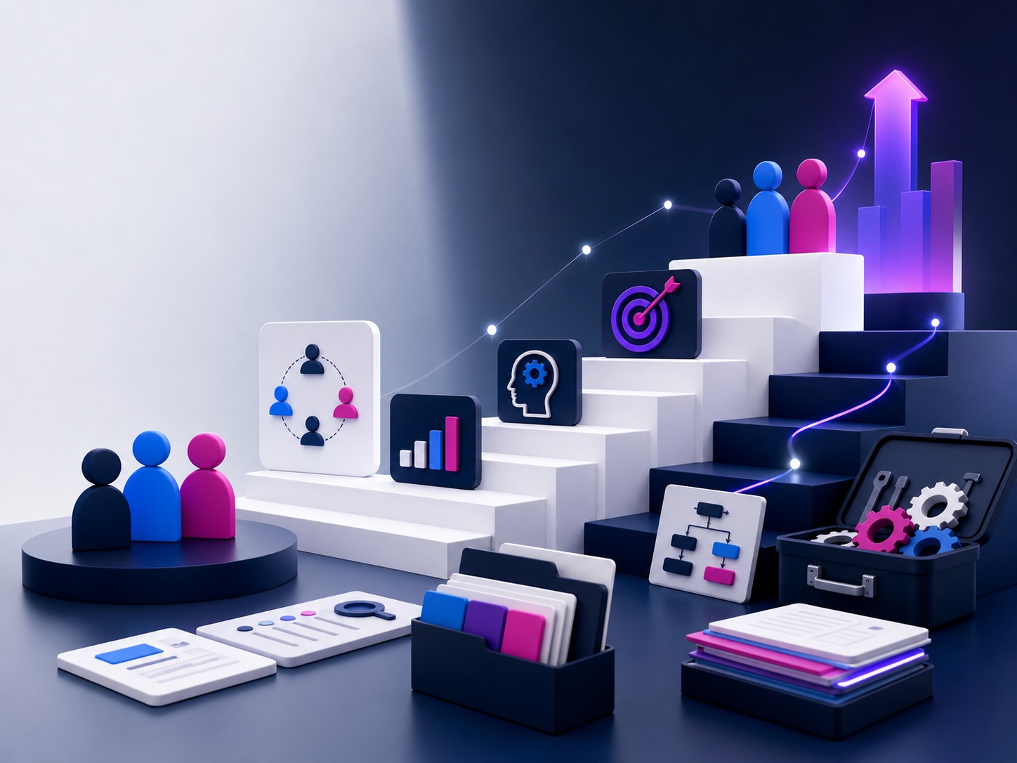 Visual abstracto de desarrollo de competencias con módulos de aprendizaje y crecimiento